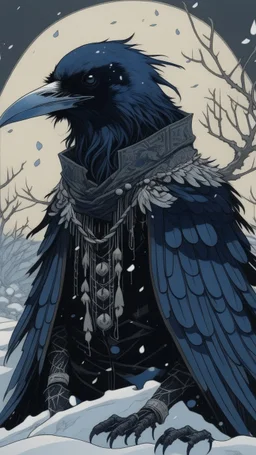 An illustration by Jakuchu and Matisse of a human-like raven adorned in a punk leather jacket within a snowy atmosphere.