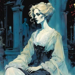 create an imaginative drawing of the pale translucent ghost of an Parisian female fortuneteller, clothed in tattered and ragged, ornate Napoleonic period dress, with finely detailed hair and feminine facial features, in the seething midnight shadows of Pere Lachaise cemetery, in the comic book art style of Bill Sienkiewicz, Mike Mignola, and Jean Giraud Moebius, finely textured, drawn, colored, and inked