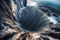 at the base of the rocky mountain peninsula, a great whirlpool waterfalls into deeper unknown depths
