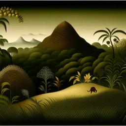 A brown mountain near a savanna designed in Mayan architecture painted by Henri Rousseau