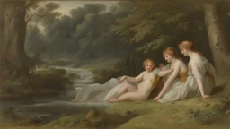 Nymphs sitting next to a stream, in a woodland clearing