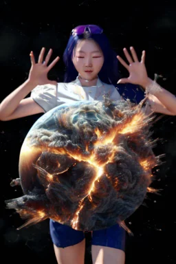 An image of a young Korean woman with a eyes closed expression happy, holding her hands up as if she is reacting to a catastrophic event in front of her. Film, cinematic, realistic, extreme depth of field, She is wearing a white blouse with detail, blue shorts, and sunglasses pushed up onto her head. In front of her, there is a highly detailed planet resembling Earth, dramatically cracking and breaking apart with fiery explosions and molten lava visible at the fractures.