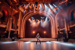 beautiful lady fullbody closeup shot in nice pants and shirt pretty boots dancing in stage,flashing lights