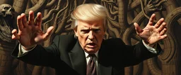 trump as pale man from pans labyrinth,painted by Rembrandt, Escher and Giger