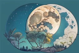 Large moon in the sky, nature doodles, drawing, color, detailed