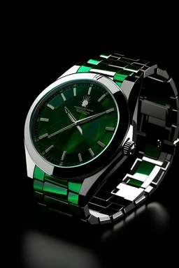 Generate an image of a luxurious wristwatch with a deep emerald green dial. The dial should be well-lit, showcasing its rich color and subtle texture. Include a polished silver or gold bezel to complement the green dial."