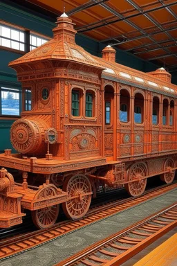 A salmon orange colored steampunk train station designed in Navajo woven art painted by Vincent van Gogh