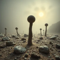 A striking quality close-up Ilford photograph captures a wasteland with odd stones, odd spindle-shaped objects, spooky, creepy, details of the dust very accentuated, glossy, organic, adorned with minerals and rocks, fog. Bathed in feeble light, eerie, Max Ernst style, black sun, fog, volumetric light, octane render