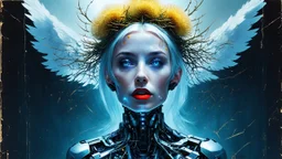 old worn paper, Ethereal bald white woman with thorns, thistles and plant roots on her head, human brains biomechanics cyberpunk style digital painting depicting a glowing woman with robotic features, combining human and artificial elements in a gripping sci-fi scene with intricate details and a cinematic atmosphere. Red lips, gold fragments, silver particles, wind, swirls, glare, glow from within, 8K, fine rendering, high detail, hyperrealism, high resolution, multi-layered, hyperdetail, hyperf