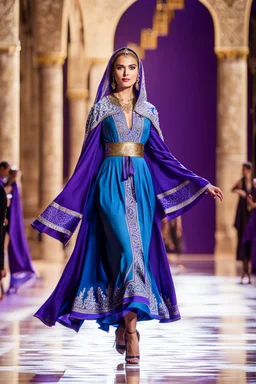 a woman in a blue dress walking down a runway, inspired by Jan Rustem, full body purple and white cloak, t - pose, sound of music, arabian features, preserved historical, a beautiful teen-aged girl, dancer, lodoss, muslim, russian style, people dancing