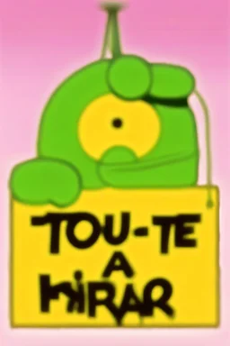 an image showing a green character holding a sign titled tou de volta skeptika, in the style of 1970s, post-war french design, flickr, tempera, contax ii, violent, joyful and optimistic --ar 2:3