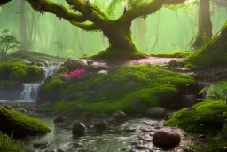 Magical fantasy elven cafe forest rivendell tree flower pink green yellow beautiful nature river moss sunlight