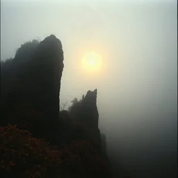 Close-up Ilford photograph of a creepy surreal landscape, rocky spur, eerie, no style, steep, autumn vegetation, very surreal, spooky, metaphysical objects, giant sun, intricate, thoughtful, appalling, deep 3d field, 8k, hypermaximalist, lot of fog