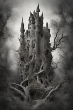 surrealis monochrome A fragmented, surreal sculpture liguid color of photorealistic image 3d,psychedelic art of an castle surrounded by trees-glossy emerging from dreamlike a crumbling building. The face appears pale with deep cracks and intricate details, evoking a haunting expression. Blackened tree branches intertwine with the gold mengkilat cracks, set against a backdrop of stormy, cloud-filled skies. bauhaus art The overall tone is dark and moody, suggesting themes of decay and transfor