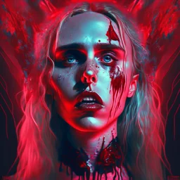 Singer Danish MØ face, blood, futuristic, iridescent, guts, wildflower, cosmic, intricate, darkred tones,