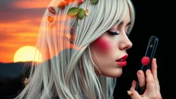 smartphone, smartphone, waterfall hair, Abstract art, smartphone, collage, Thomas Ligotti, double exposure, sunset, woman, long white hair, Made of shiny texture, blush, Vine design, raspberry, smartphone, Surreal, Futuristic, Black open background, Peach skin, Leafy textures, Shiny plastic, Organic aesthetics, Pink red hue, Green leaves, Alien design, Mutant structure, Red mouth, Whimsical aesthetics, Hyperrealistic, intricately detailed image of a woman showing a double exposure effect, where