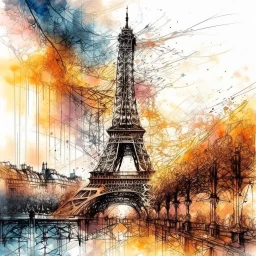 Digital watercolor disintegrating double exposure rain, alien spacecraft over Paris, silhouette of Eiffel tower in distance. By Waterhouse, Carne Griffiths, Minjae Lee, Pieter Bruegel de Oude, Stylized watercolor art, Intricate, Complex contrast, soft Cinematic Volumetric lighting, pastel golden hour colors, wide long shot, perfect masterpiece, Baroque