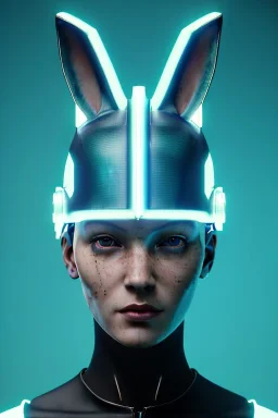 Medium Close Up Portrait, Front image. cyberpunk, rabbit mask, teenager, blonde woman, cyber helmet head. Steel dress. White, cyan, color. Steampunk style. renaissance ornaments, Color background, photo studio. Front image, highly detailed, concept art, smooth, unreal engine 5, ray tracing, RTX, lumen lighting, ultra detail, volumetric lighting, 3d, finely drawn, high definition, high resolution.