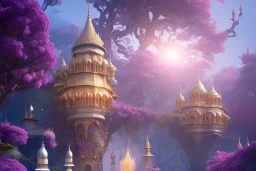 a magical crystal flower lys bougainvillier, blue gold house indian palace castle in the woods, , concept art, smooth, sharp focus, illustration, 8k, splash art, wallpaper, key visual