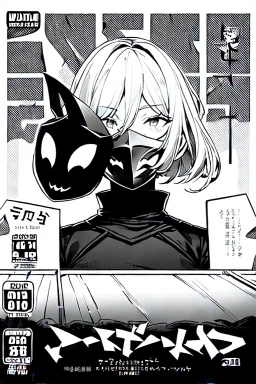 girl with demon mask in the middle of the room, line arts, manga cover, greyscale