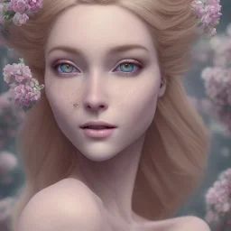 fairy style, head, women, portrai,long hair beautiful one nude body of a make up smiling woman blond long hair, alone, high key lighting, volumetric light high details with white stripes and blue eye, smiling with plump pink lips, flowers around, unreal engine petit prince belle fine, profil de trois quart, grand front cosmique, peau bleu cristalline, yeux bleu, perle sur le front long cheveux blond et rose etoilé, cristaux sur le corps, collier de grande princes