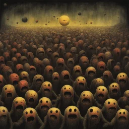 hundreds of anthropomorphic pac-man's strapped to inclined beds being forced to watch HR sensitivity training videos, Iv's attached to heads,, horrified frowny expressions, color ink illustration, horror, surreal, gritty by Chris Friel and Zdzislaw Beksinski