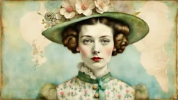 Mixed media portrait of a whimsical woman in vintage spring clothing, styled by Catherine Welz-Stein, MINIMAL DESIGN, 200 encaustic stylization