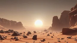 Mars rocky desert landscape that looks futuristic with futuristic lighting, the sky is dominated by a bright, light-blue and white morning sun, cinematic, atmospheric, horizon, hyper realistic, intricate details, highly detailed, concept art