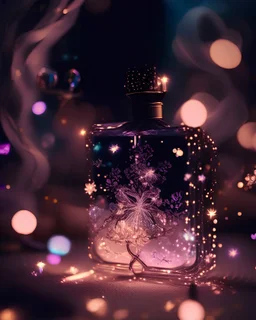 generate me an aesthetic photo of perfumes for Perfume Bottles with Flickering Fairy Lights