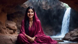 Hyper Realistic Photographic Outside View Of A Gorgeous Pashto Girl (Wearing Simple Burgundy Colored Dress & Wearing Plain Pink Dupatta On Her Neck) Happily Sitting & Smiling Boldy In A Cave & Showing Her Long Black Hair With Waterfall View Outside, With Heavy Rain Outside Cave At Dark Night Showing Dramatic & Cinematic Ambiance.