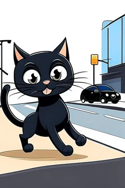 black thin cat cartoon crossing street