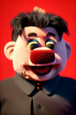 Waist up muppet Portrait, Kim Jong-un as muppet doll, black suit, photo studio, red background, unreal engine 5, concept art, art station, god lights, ray tracing, RTX, lumen lighting, ultra detail, volumetric lighting, 3d.