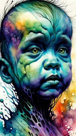 Zdzislaw Beksinski, and Peter Gric style ink wash and watercolor, full body illustration of a baby highly detailed facial features, mixed to anatomical body view, wildly flowing splash colours , 8k octane, all in focus , no grain, ethereal, otherworldly concept art in vibrant natural colors