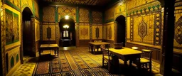 A dark yellow casino themed Arabian palace designed in ancient Roman mosaics painted by Vincent van Gogh