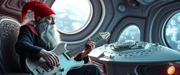 guitar acoustic banger performance, instrumental, celtic, georgian, gypsy jazz, back on track portrait of space captain gnome lich, , priest psycho, in cockpit, celtic knot hollow tube transparent core ornate indented space ship, shiny bright mega ship flourescent white blue like bubble gum with a few big windows and decks,