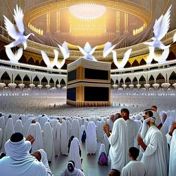 The scene in Mecca: People wearing white Ihram clothes, men without head coverings, women with veils, circumambulating around the Kaaba, and above them are transparent white spirits of children, men, and women with wings revolving around the Kaaba.