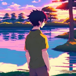 In the anime, a young male character is near the green lake in the sunset afternoon.