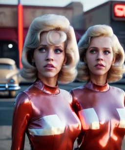 Ultra Realistic retro sci-fi movie Supermarket parking scene, 1960 year, waist up view portrait, 2 clones blonde women, sweet teenager Jane Fonda face, perfect iris, glow eyes, face makeup, tight latex coat, many people looking, Retro sci-fi style, soft color, highly detailed, unreal engine 5, ray tracing, RTX, lumen lighting, ultra detail, volumetric lighting, 3d, finely drawn, high definition, high resolution.