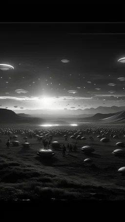 A land filled with hundreds of aliens in a bright light at the end of the picture a ufo object , cinematic, 8k, in black and white, fine line draw