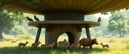 3d airbrush render,Show several tiny wildlife animals comfortably passing underneath the elevated structure, with birds perched on top and watching the commotion with curiosity. The environment is green countryside with trees and grass.l