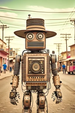 antique photo of a robot wearing a cowboy hat that is made out of antique cameras and lenses and antique electronics with wires interconnecting standing in the middle of a dusty wild west town road