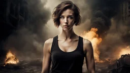 beautiful slender caucasian female technician with a knife, black tank top, well toned muscles, weathered face, scratched sand camo metal details, short brunette wavy bob haircut, dystopian, postapocalyptic city scene with smoke and explosions