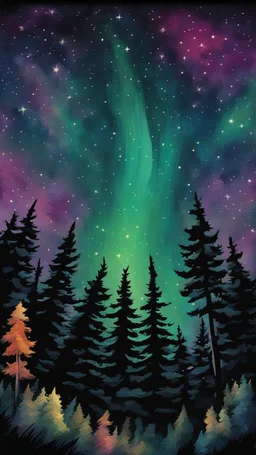 a painting of a night sky with stars and trees, magical forest backround, colorful night sky, night forest background, trees and stars background, night sky background, northern lights background, night background, background is made of stars, colorful stars, stary night painting, magical forest background, cosmic night background, galaxy background, painting of a forest, colorful landscape painting