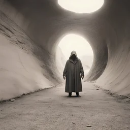 A cowardly masked man hides his face and only his eyes are visible Hidden in a tunnel in the ground