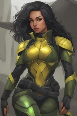 a young female snakehybrid with black hair green skin and yellow eyes in stealth armor