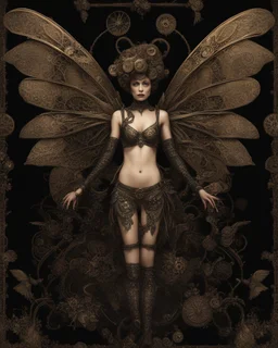 steampunk delicate metal woman, moth, wings, black background