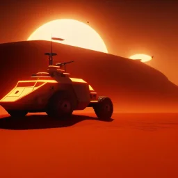 volumetric desert environment, Ralph McQuarrie style painting of an armored hovercraft with cannon, floating in the air, highly detailed, renderman, duststorm at sunrise