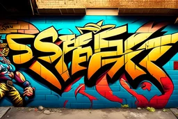 a graffiti mural wall with the word cell street fighter 6 style