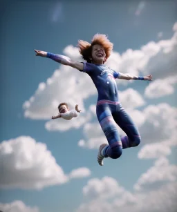 Ultra realistic clouds sky scene, wide angle, medium shot view, portrait, sweet Childs, free jumping flying, trinkets, monster hair, hair monster, jelly beans, balls, smile, happy, circus style, inflatable color clothing, extreme, wind, clouds sea, 20,000 feet altitude, stratosphere, soft color, highly detailed, unreal engine 5, ray tracing, RTX, lumen lighting, ultra detail, volumetric lighting, 3d, finely drawn, high definition, high resolution.