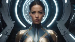 mid shot photo realistic incredibly beautiful Latin actress "Jennifer", facial symmetry aesthetic pretty traits, advance VR device on her eyes, enhanced exposure lights, half dressed elegant, fashion midriff, emotional look delicate athletic body, futuristic spacecraft hanger superb appealing futuristic emotional brave intricate meticulously detailed science fiction them, dramatic digital illustration volumetric lighting, 250 megapixels 8K resolution, back-lit soft lights, photo-realistic arts